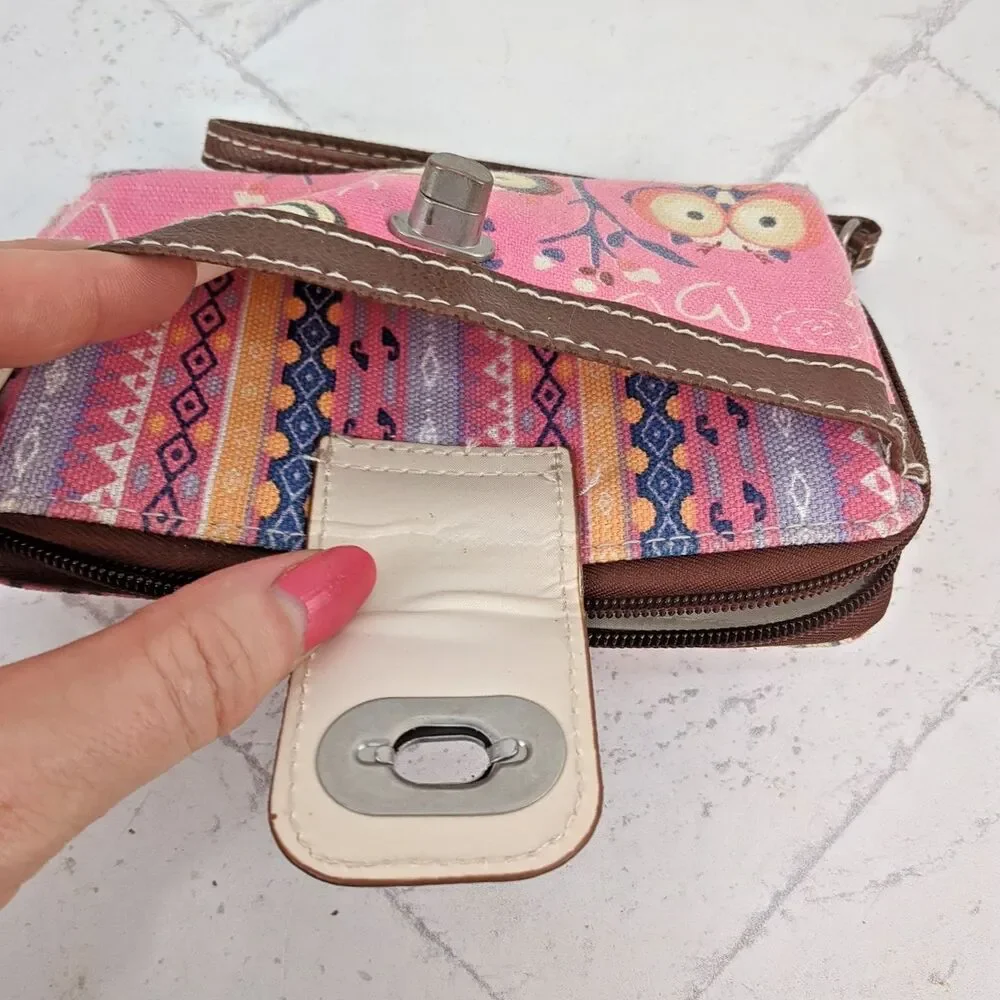 UNIONBAY Owls Canvas Fabric Pink & Brown Wristlet Wallet